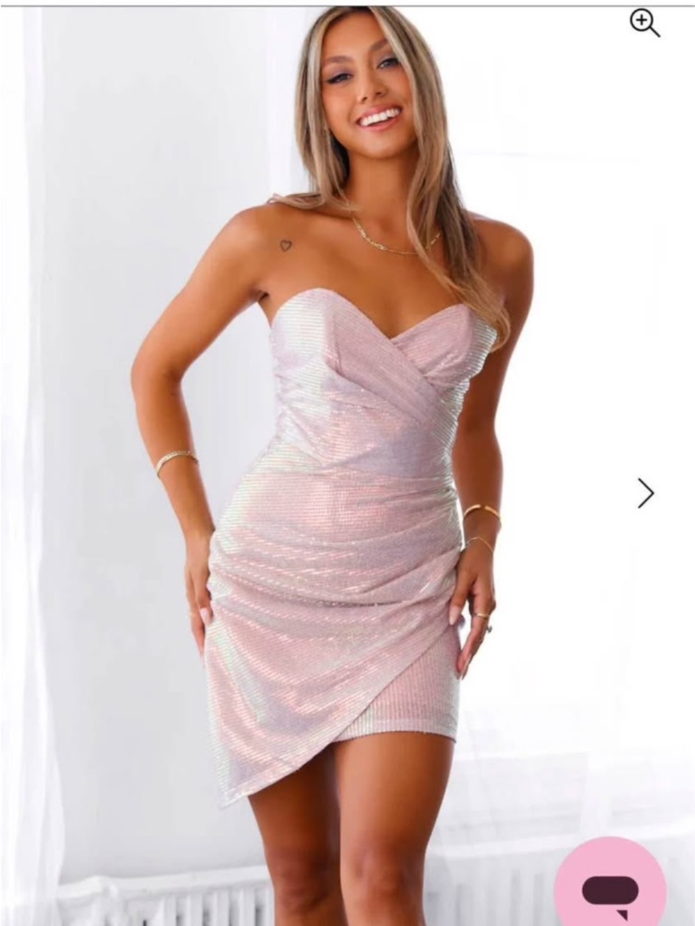 Hello Molly Pink Iridescent Strapless Ruched Mini Dress